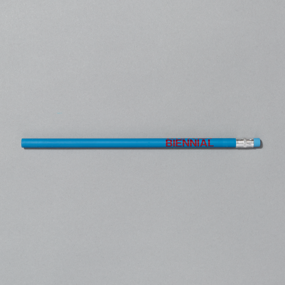 Blue pencil with 'BIENNIAL' branding on a gray background