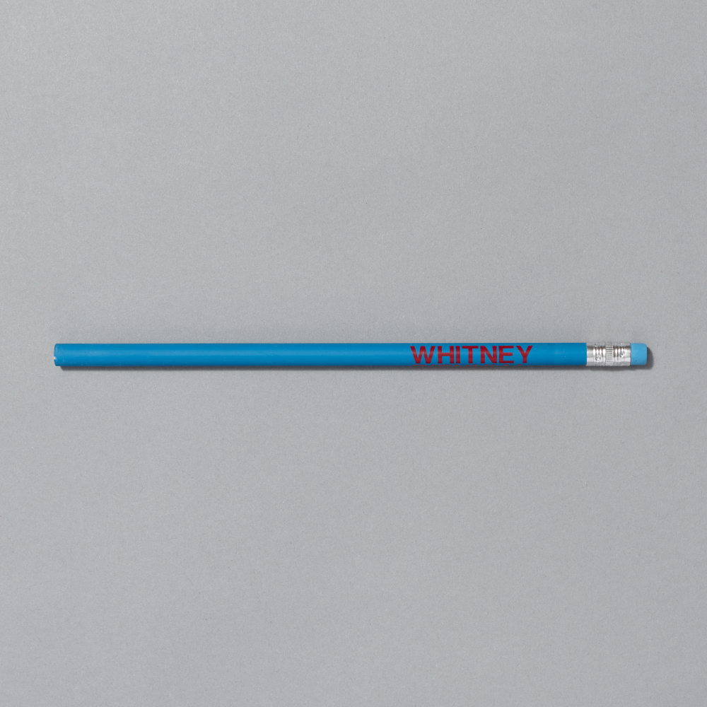 Blue pencil with 'WHITNEY' branding on a gray background