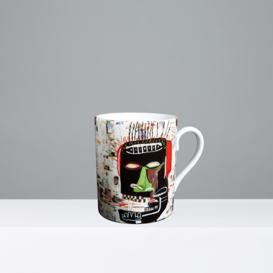 Mug featuring Jean-Michel Basquiat's Glenn artwork on a gray background