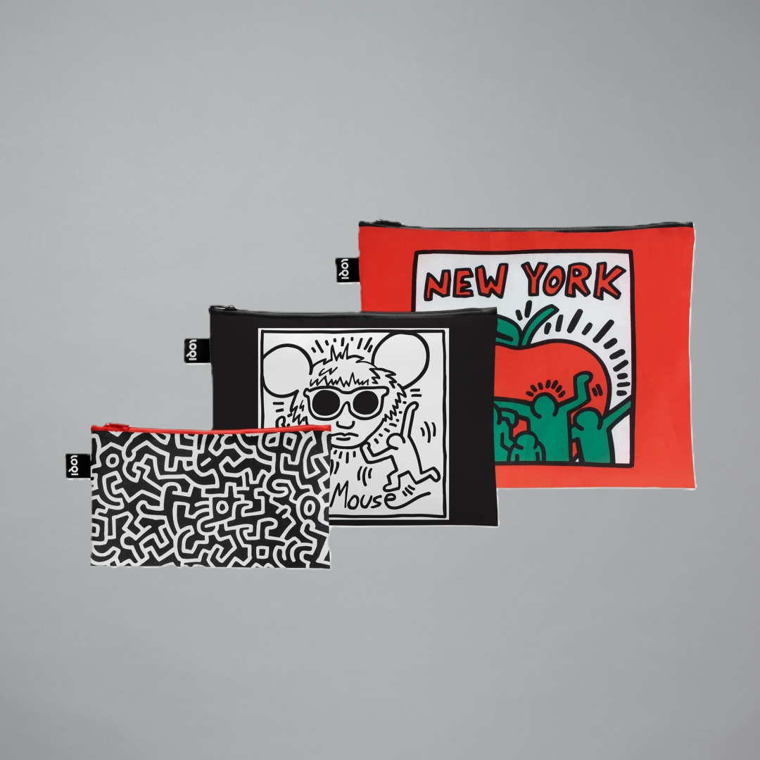 Set of three recycled pouches featuring artwork designs by Keith Haring