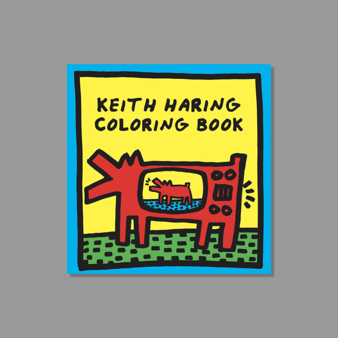 Keith Haring coloring book cover with a red dog illustration on a yellow background