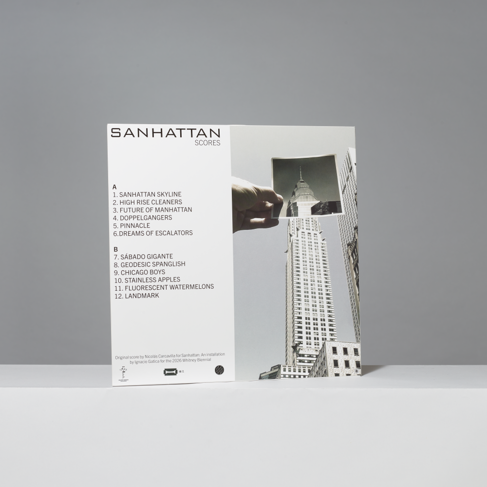 Back cover of vinyl record with tracklist and an architectural image in gray