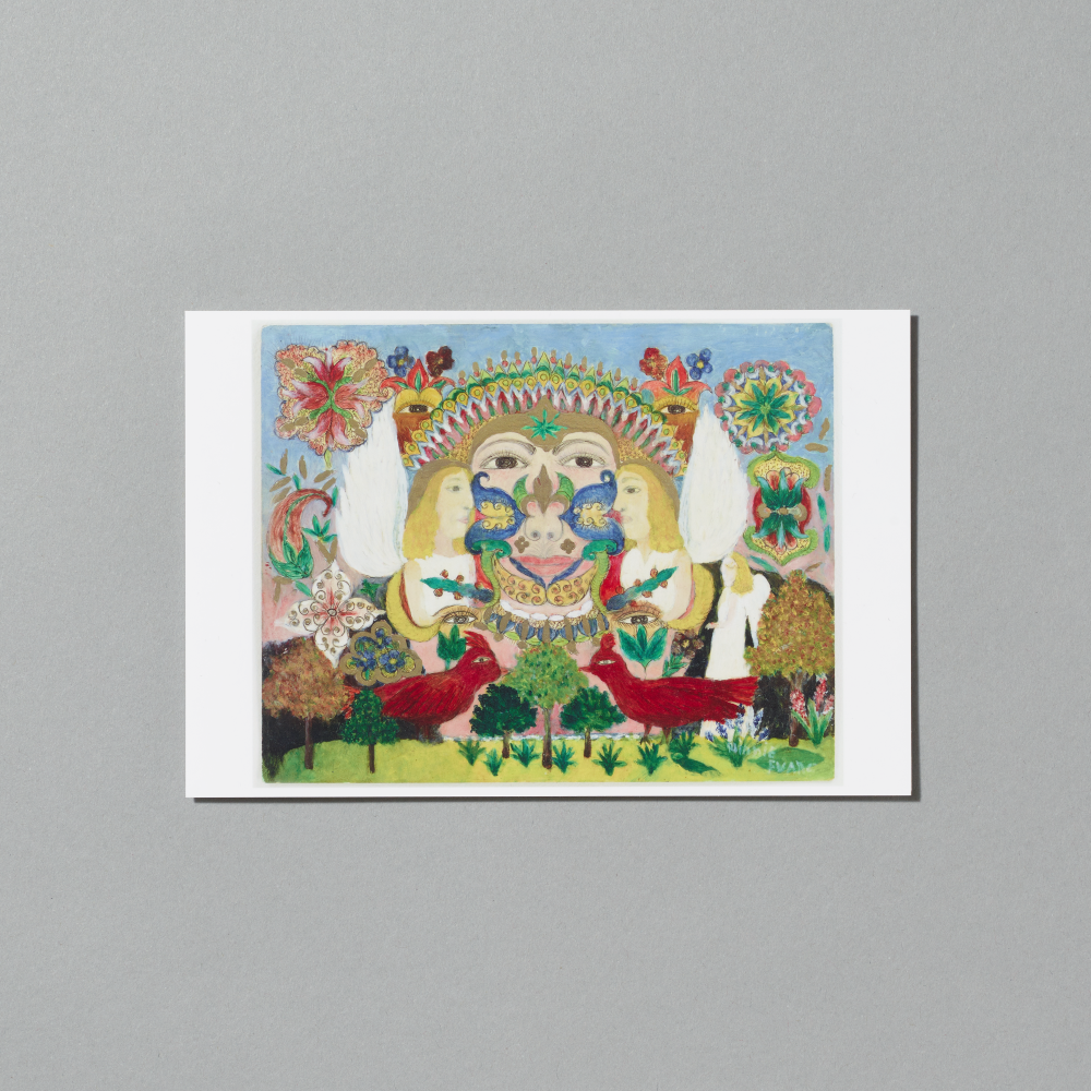 Postcard featuring Face with Crown and Angels by Minnie Evans