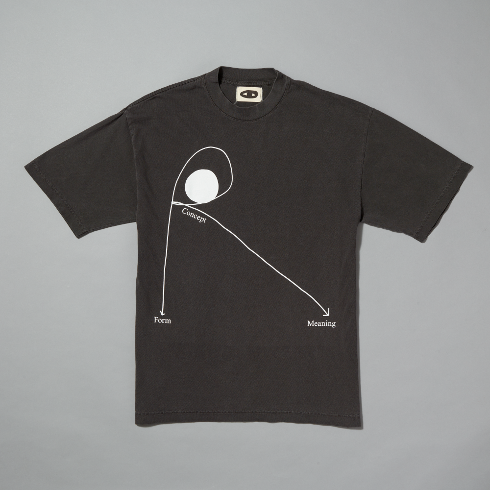 A dark gray short-sleeve t-shirt with a white graphic print on the front showing a circle, arrows, and the words 'Concept', 'Form', and 'Meaning'.