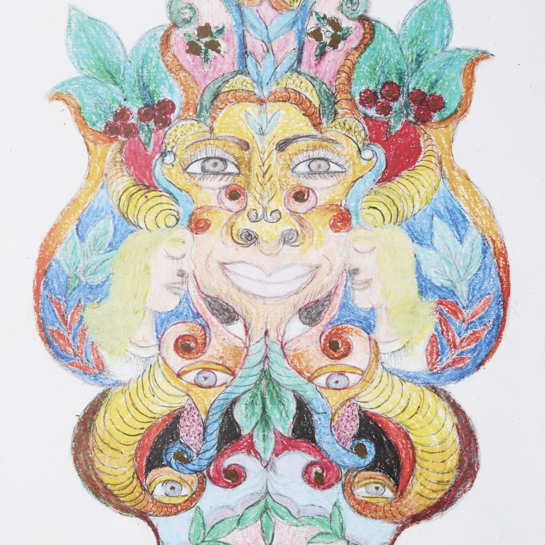 Closeup of Exhibition poster featuring Three Faces Surmounting Landscape by Minnie Evans