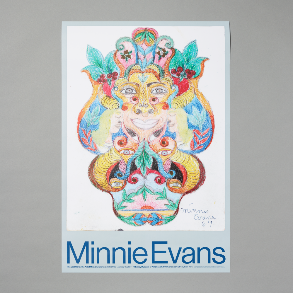 Exhibition poster featuring Three Faces Surmounting Landscape by Minnie Evans on a gray background