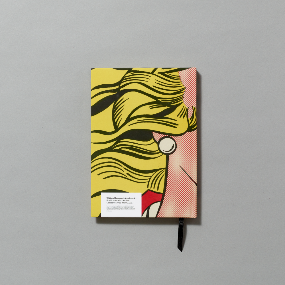 Back of journal featuring Crying Girl by Roy Lichtenstein on a gray background