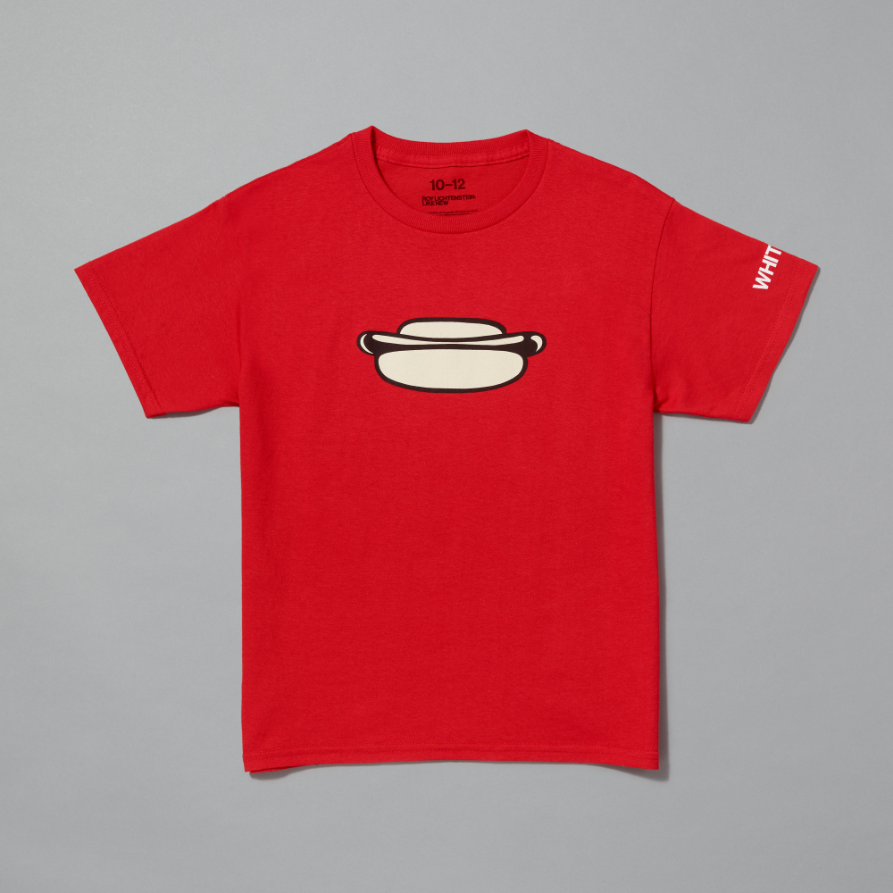 Red kids t-shirts featuring Hot Dog by Roy Lichtenstein on a gray background