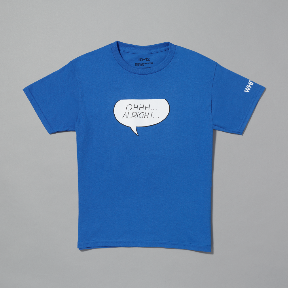 Blue kids t-shirts featuring Ohhh... Alright... by Roy Lichtenstein on a gray background