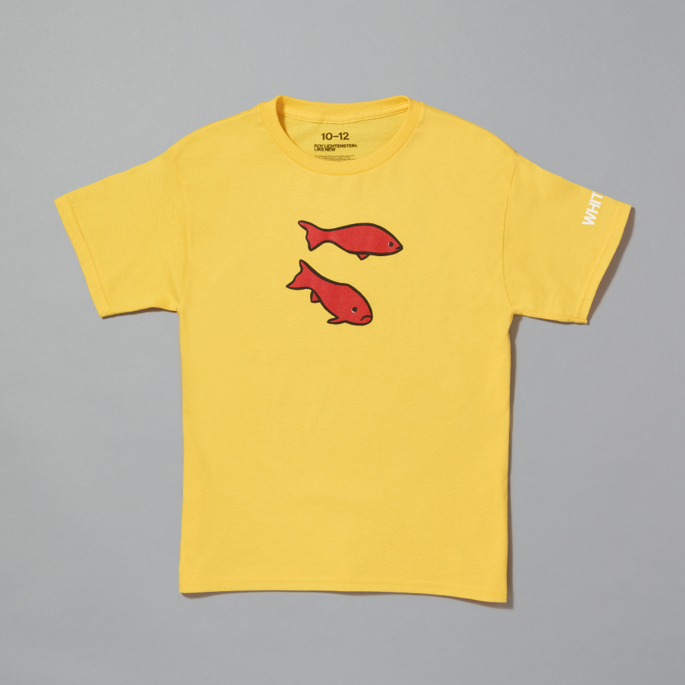 Yellow kids t-shirts featuring Still Life with Goldfish by Roy Lichtenstein on a gray background
