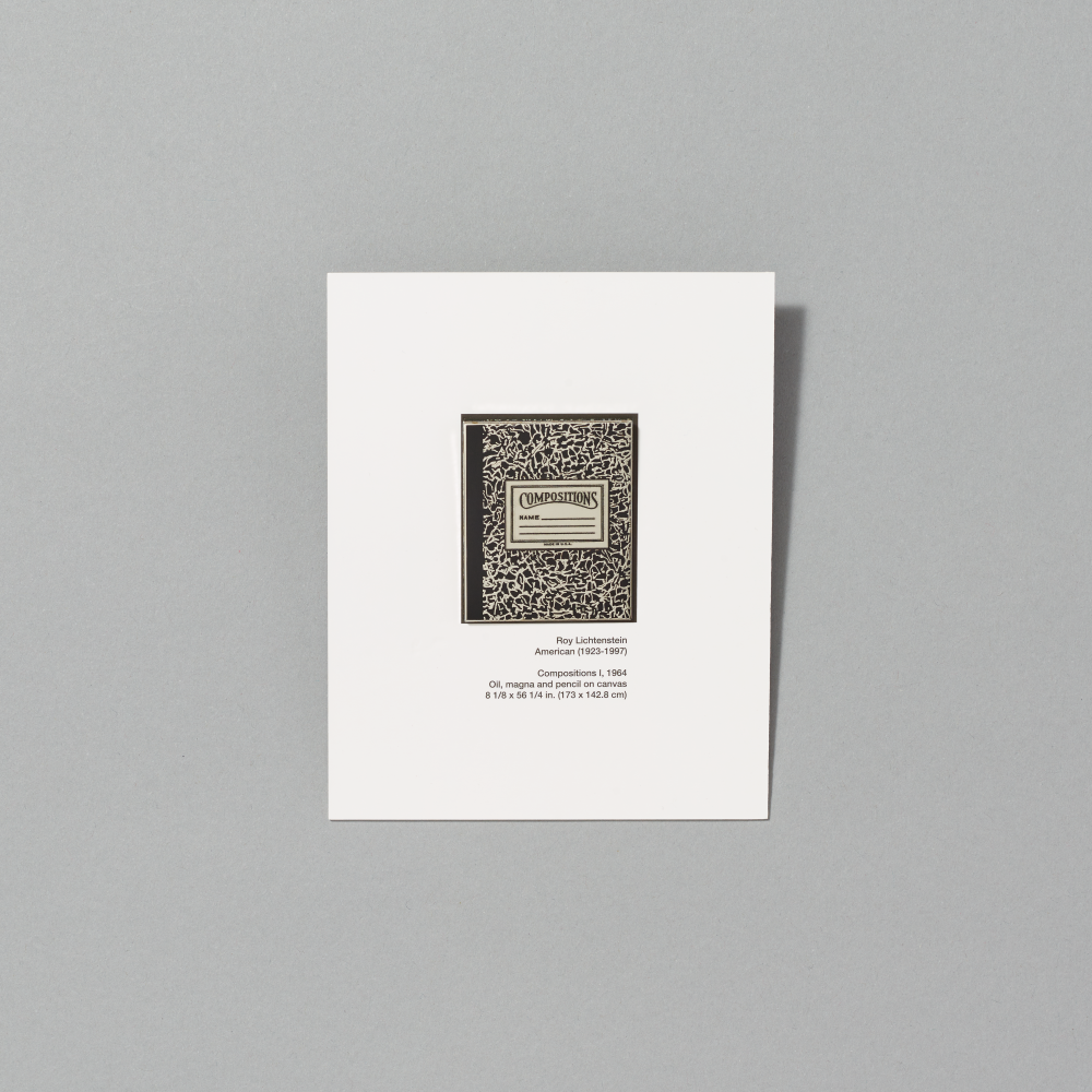 Enamel pin featuring Compositions I by Roy Lichtenstein on white cardboard packaging on a gray background
