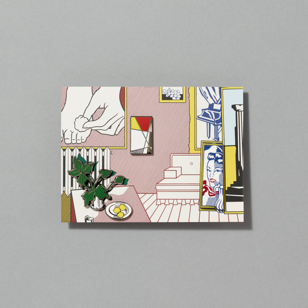 Enamel pin set featuring Artist's Studio, Foot Medication by Roy Lichtenstein on a gray background