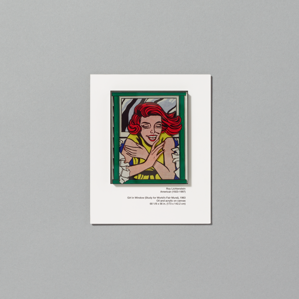 Magnet featuring Girl in Window by Roy Lichtenstein on white cardboard packaging on a gray background