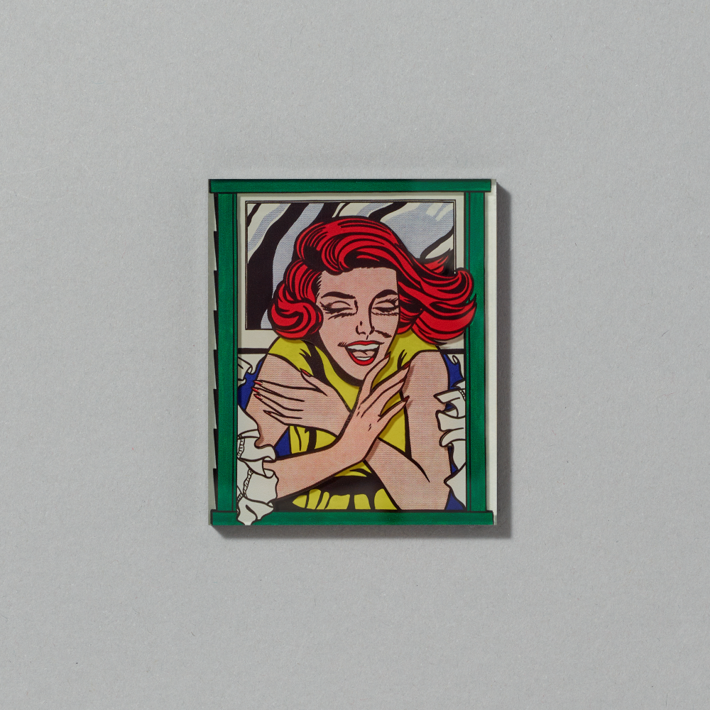 Magnet featuring Girl in Window by Roy Lichtenstein on a gray background
