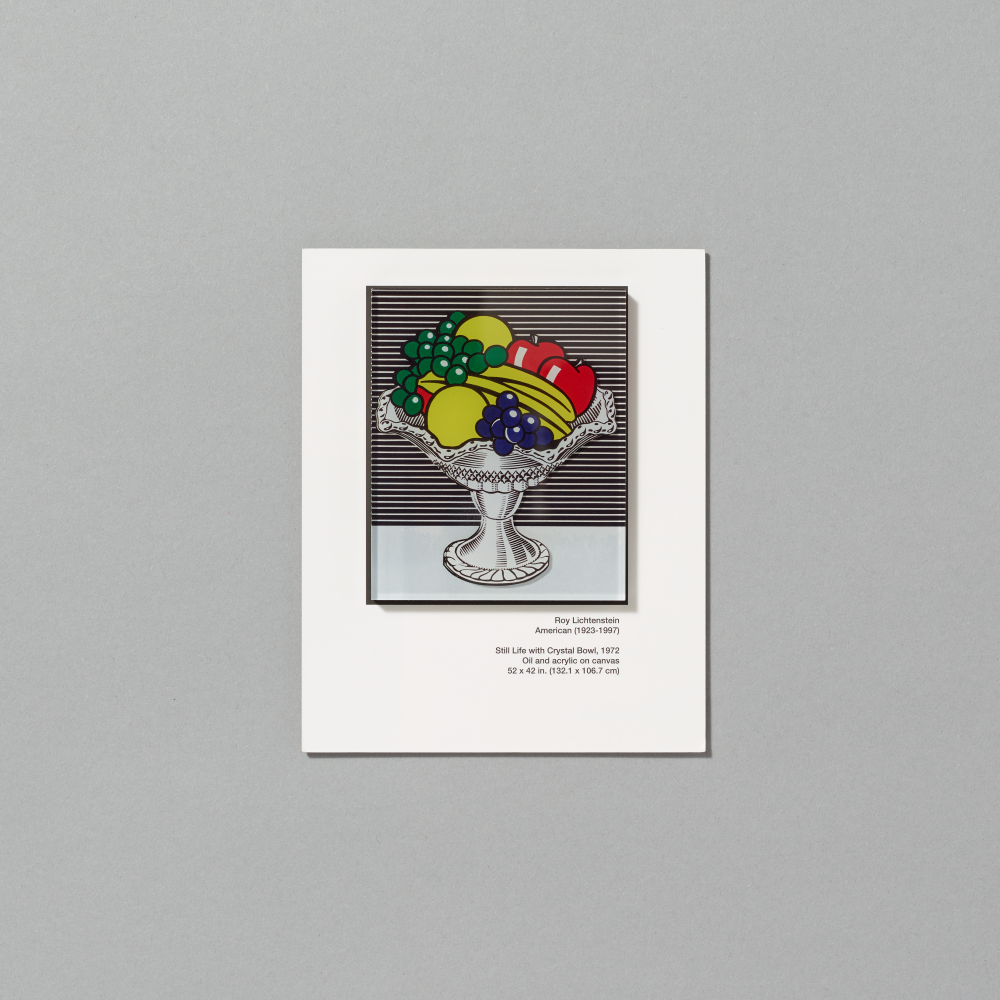 Magnet featuring Still Life with Crystal Bowl by Roy Lichtenstein on white cardboard packaging on a gray background