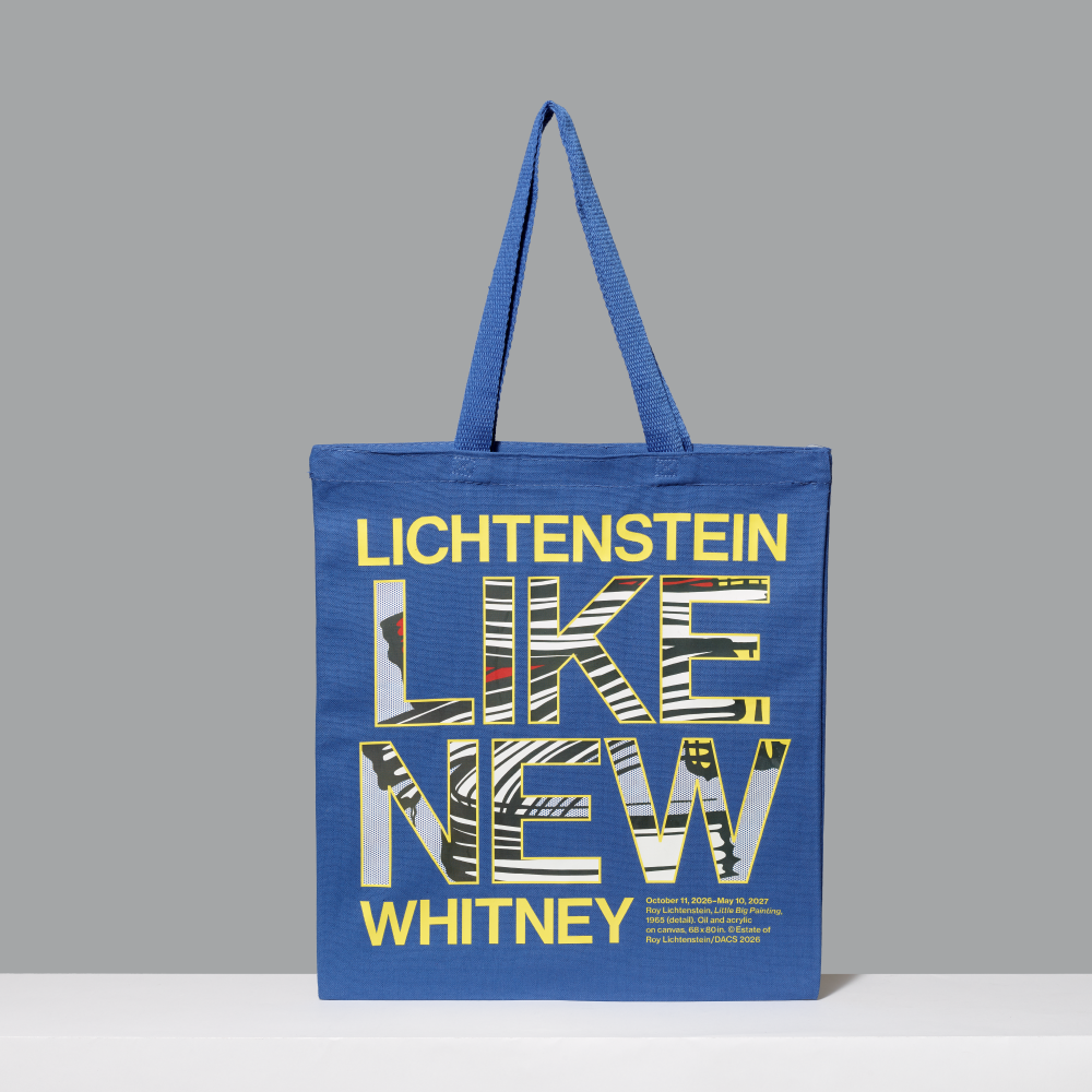 Blue 100% cotton tote bag featuring Roy Lichtenstein's Little Big Painting artwork within 'LIKE NEW' and Lichtenstein and Whitney in yellow screen printed letters on a gray background