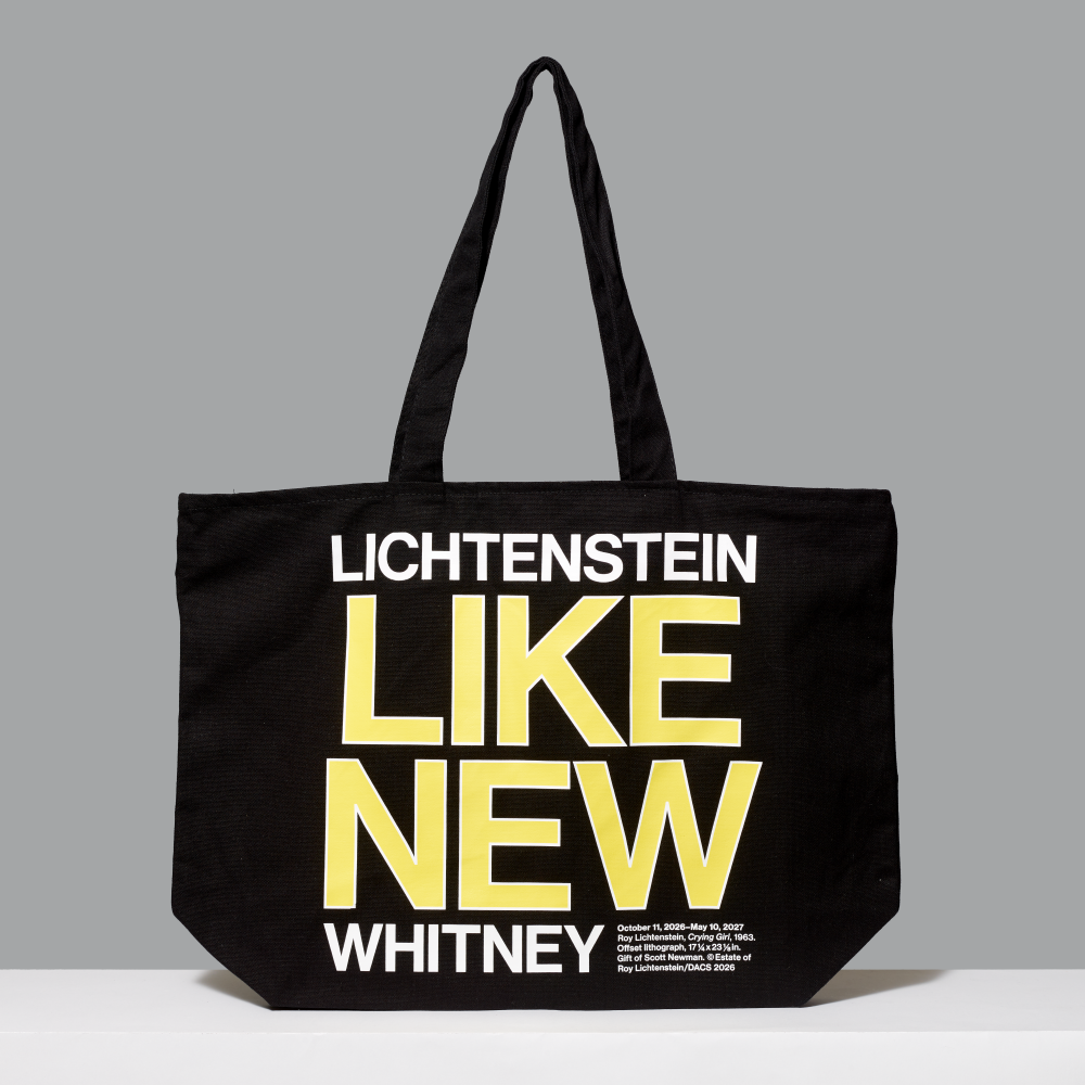 Black 100% cotton tote bag featuring Lichtenstein and Whitney in white text and Like New in yellow against a gray background