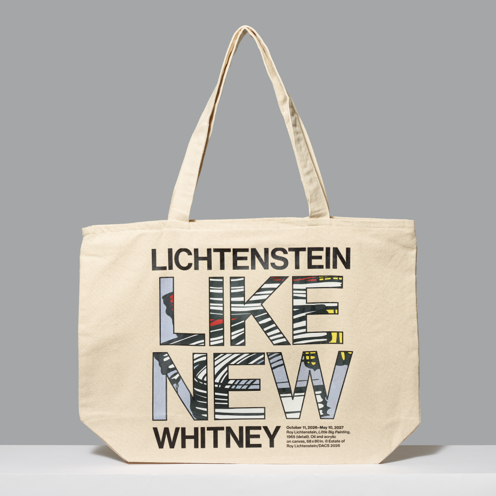 Beige canvas tote bag featuring Roy Lichtenstein's Little Big Painting within 'Like New' and Lichtenstein and Whitney screen printed in black against a gray background