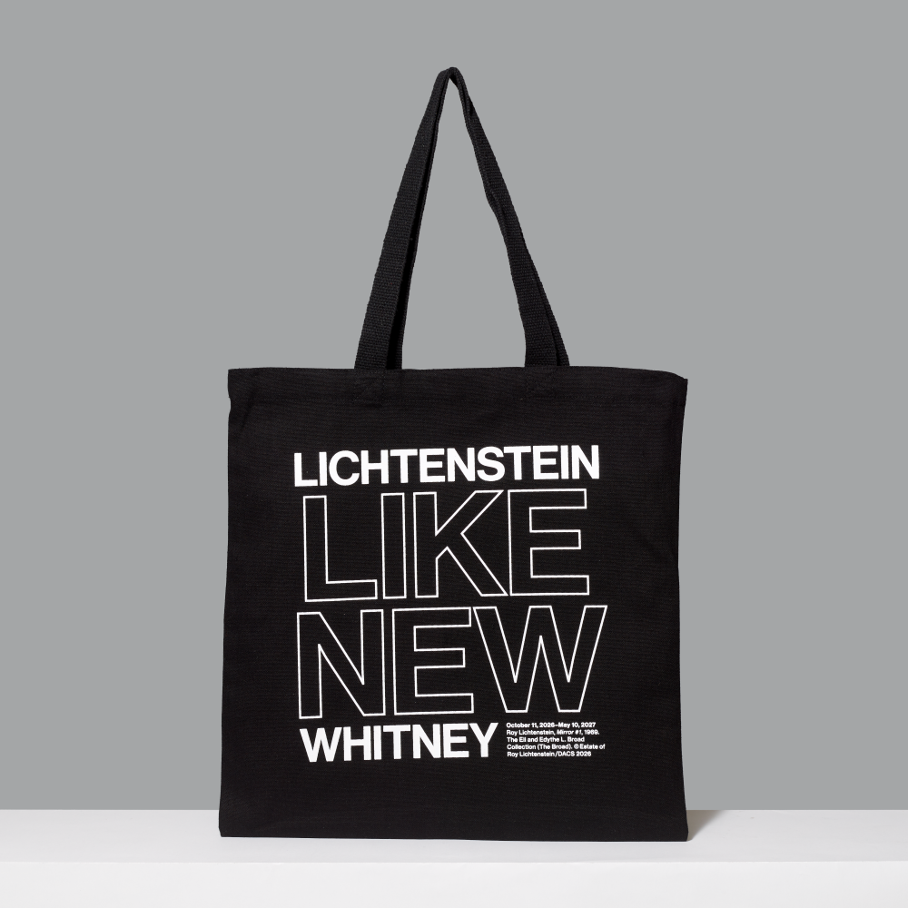 Black 100% cotton tote bag featuring Lichtenstein, Like New, and Whitney in white text against a gray background