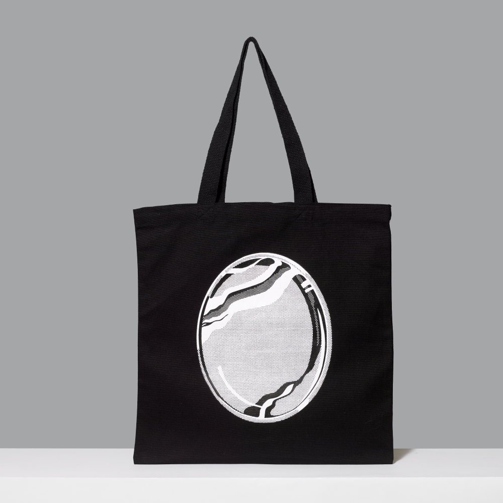 Black 100% cotton tote bag featuring Roy Lichtenstein's Mirror #1 against a gray background