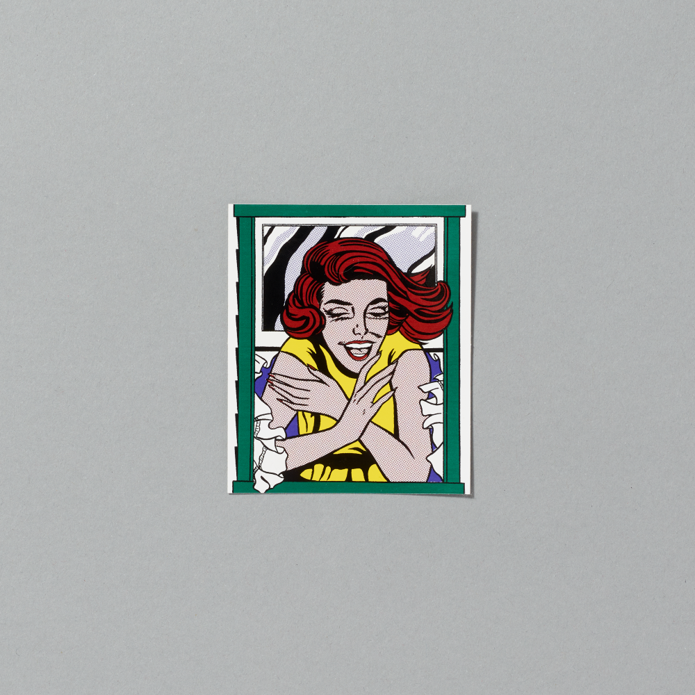 Vinyl sticker featuring Roy Lichtenstein's Girl in Window against a gray background