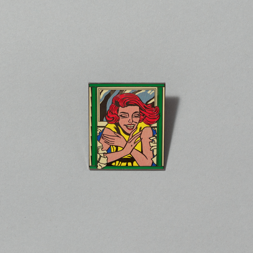 Enamel pin featuring Girl in Window by Roy Lichtenstein on a gray background