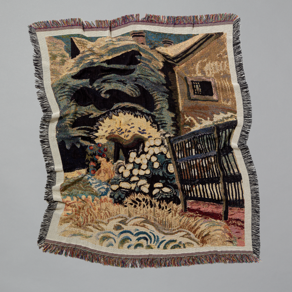 100% cotton woven throw blanket featuring Charles Burchfield's Noontide in Late May laid flat on a gray background