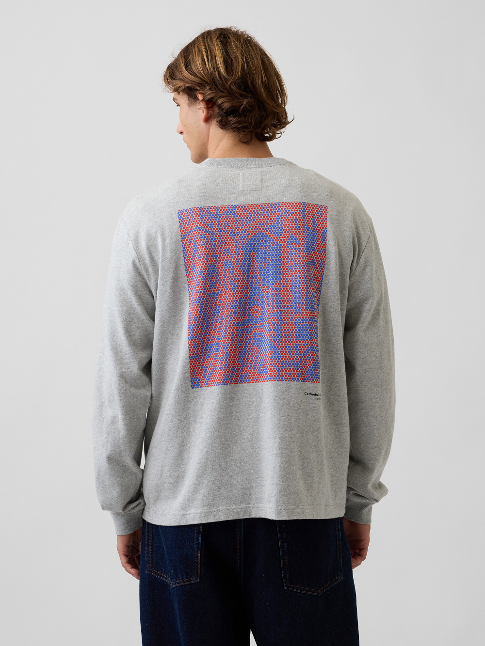 A model from behind wearing a light gray long-sleeve t-shirt with a large red and blue geometric graphic inspired by Roy Lichtenstein's Cathedral #2 on the back, paired with dark blue jeans against a light gray studio background