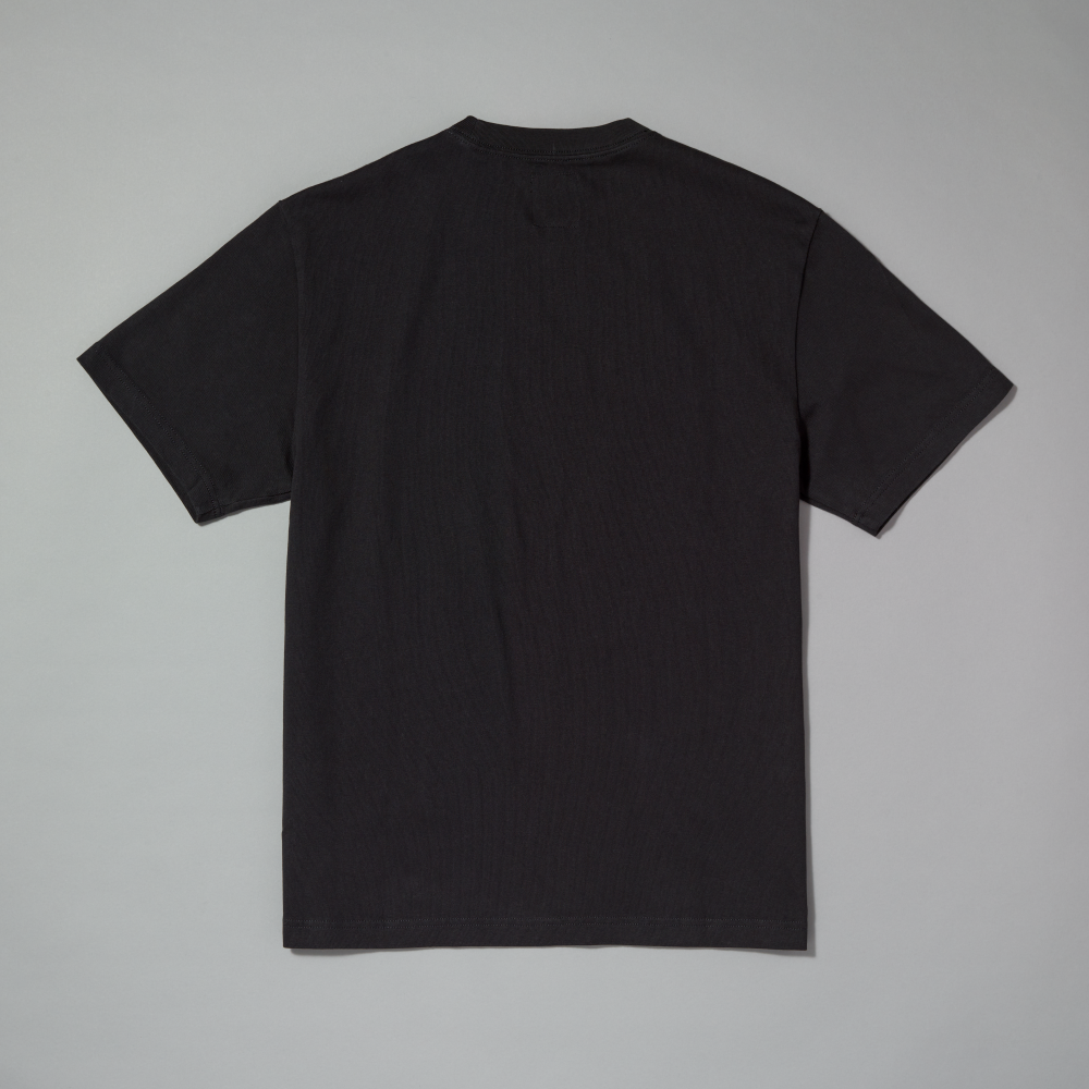 A black short-sleeve t-shirt shown from the back, laid flat against a neutral gray background