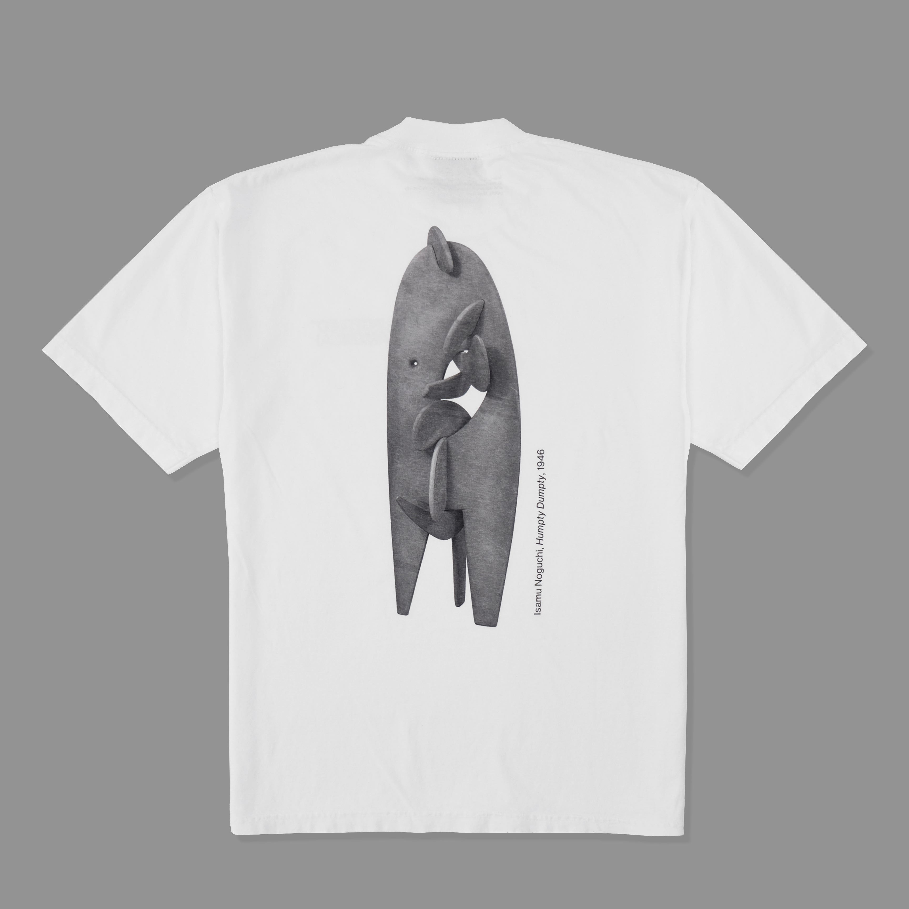 White t-shirt featuring Isamu Noguchi's Humpty Dumpty on the back against a gray background
