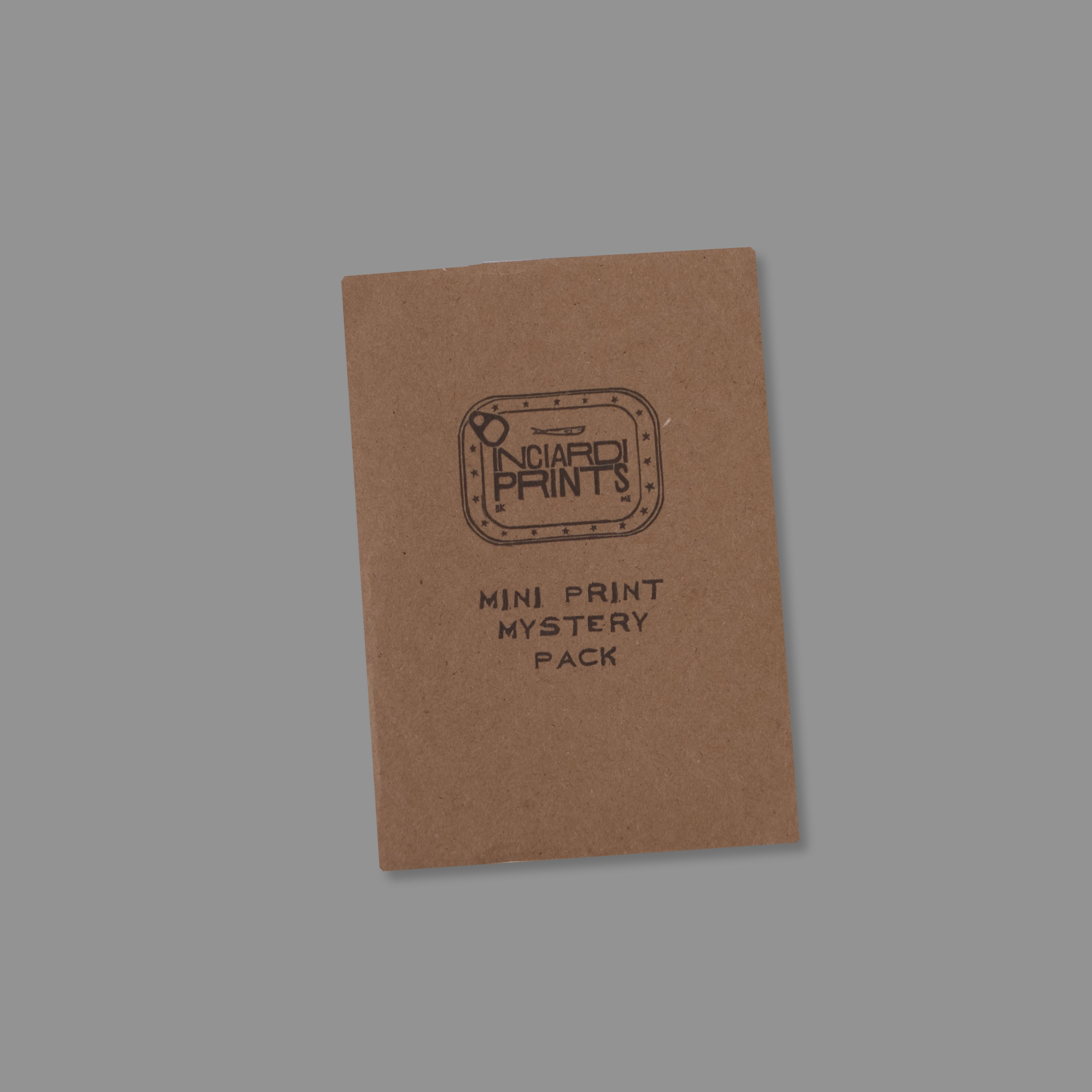 Kraft paper packaging with 'Inciardi Prints' branding and text on a gray background
